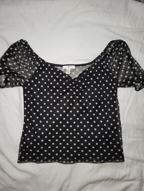 BP Women's Small Polka Dot Blouse Black White Short Sleeve Sheer Back